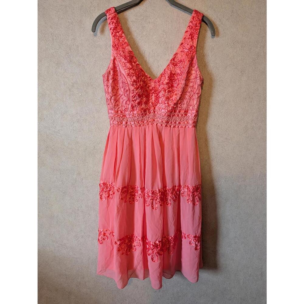 SUE WONG coral pink lace eyelet v-neck dress sz 2
